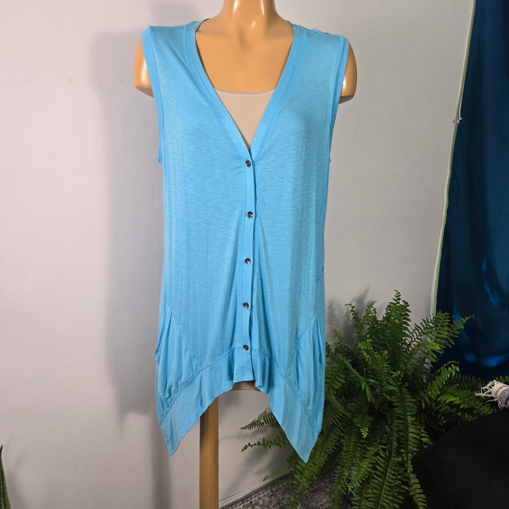 LOGO Lori Goldstein Cardigan Vest Women Small Blue Sharkbite Hem Pockets Knit